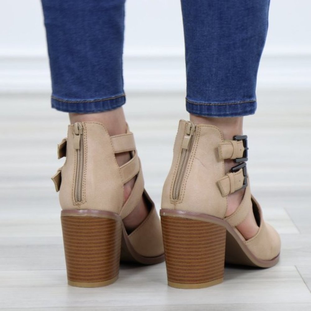 Strappy Taupe Pointy Toe Ankle Boots Faux Leather - Picture 5 of 9